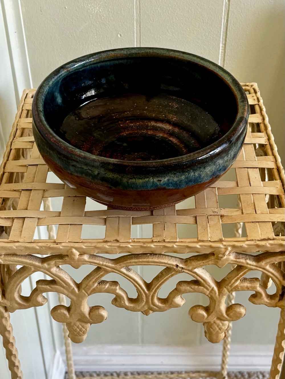 Vintage Glazed Ceramic Bowl in  Blue and Brown